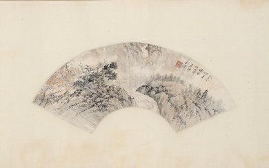 Two Chinese fan paintings, decorated respectively with landscape and squirrel with berries....