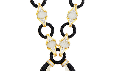 Two-Color Gold, Fluted Black Onyx, Carved Frosted Rock Crystal and Diamond Pendant-Necklace