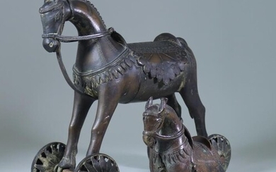Two Indian Bronze Temple Toy Horses, each on wheels...