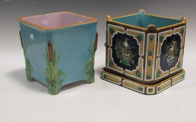 Two Minton majolica jardinieres, largest 23 x 21 x 21cmCondition report: Markings ands wear to
