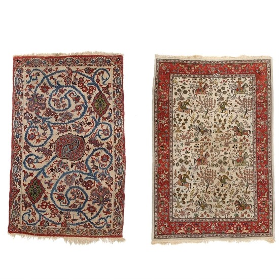 Two Persian rugs. A signed Tabriz, hunting design. 270×182 cm. And an Isfahan rug, rare design. 181×116 cm. Both mid-20th century.(2)