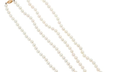 Two cultured pearl and 14k gold necklaces