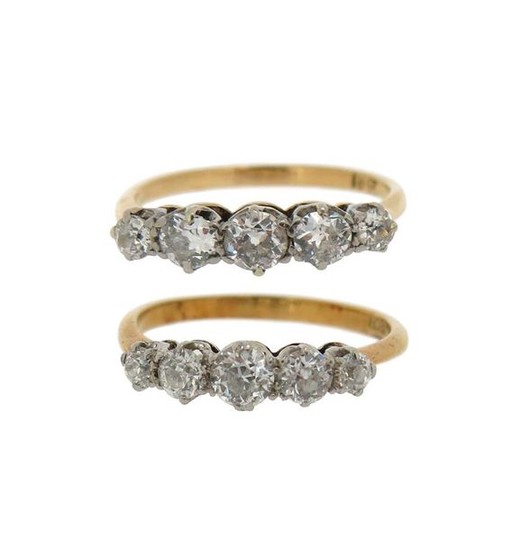 Two diamond five-stone rings, each set with old...