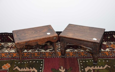 Two hardwood folk art small footstools