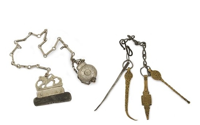 Two silver, brass, and iron chatelaines Possibly Spanish Colonial,...
