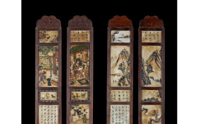 Two wood panels with eight stone plaques painted with figures or inscribed (defects) China, 19th century (h. 106 cm.)