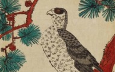 UTAGAWA HIROSHIGE, EDO PERIOD, 19TH CENTURY | BIRD AND PINE TREE WITH FULL MOON