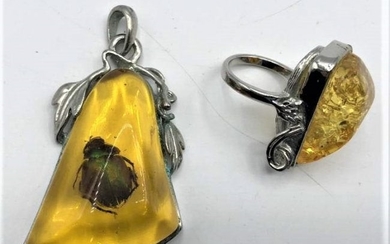 Unique Amber Large Ring and Large Pendant Internal Bug