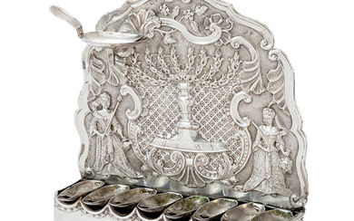 Unique Silver Hanukkah Lamp with Depiction of Judith Holding the...