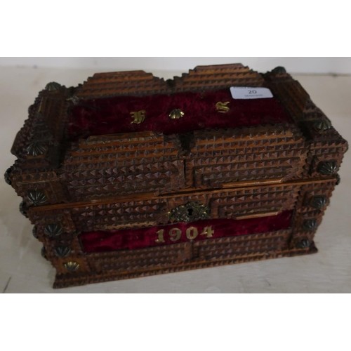 Unusual folk art wooden casket with hinged top and mirrored ...