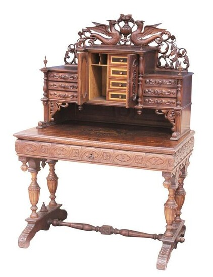 VICTORIAN WING GRIFFIN OAK INLAID WRITING DESK