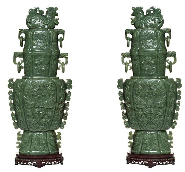 Very Large Chinese Carved Jade Vases and Covers