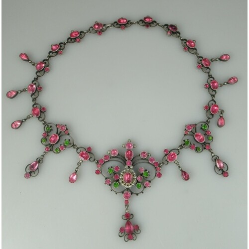 Victorian pink paste fringe necklace. The pink and green st...