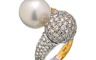 Vintage Bypass Pave Diamond & South Sea White Pearl Gold...