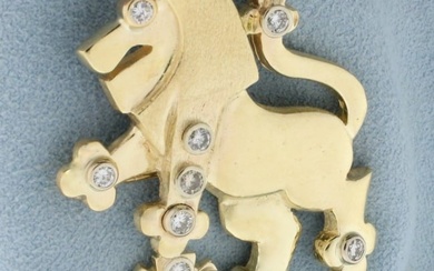 Vintage Diamond Lion Pendant or Pin in 14K Yellow Gold