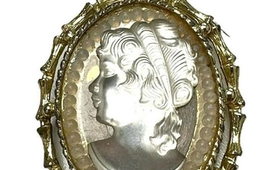 Vintage Gold Toned Silver Cameo Brooch Depicting A Silhouette Of A Victorian Beauty