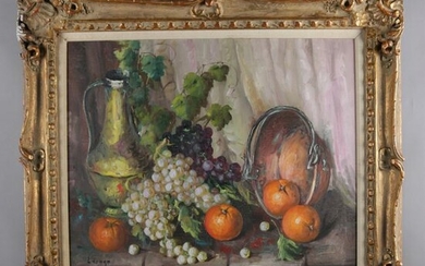Vintage Spanish Oil on Canvas Still Life, Fruit & Wine