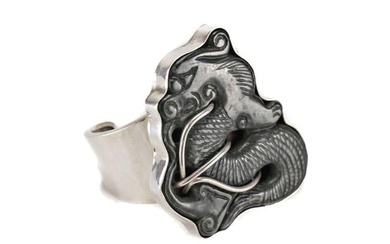 Vintage Sterling Silver and Nephrite Jade Dragon Cuff Bracelet