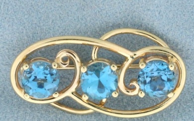Vintage Swiss Blue Topaz 3 Stone Pin Brooch in 14k Yellow Gold