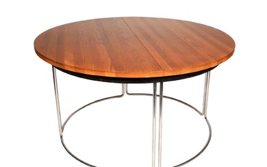 Vladimir Kagan (1927-2016) Partially Ebonized Oak and Tubular Metal Round Extension Table, For Kagan-Dreyfuss, New York, 1950s