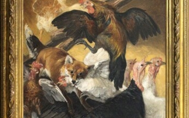 Volpe nel pollaio, olio su tela, cm 163x90, entro cornice, Giuseppe Palizzi (1812 - 1888)