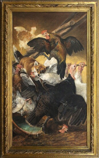Volpe nel pollaio, olio su tela, cm 163x90, entro cornice, Giuseppe Palizzi (1812 - 1888)