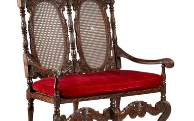 WILLIAM AND MARY STYLE WALNUT AND CANED HALL SEAT 19TH