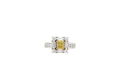 White Gold, High Karat Gold, Fancy Intense Yellow Diamond and Diamond Ring