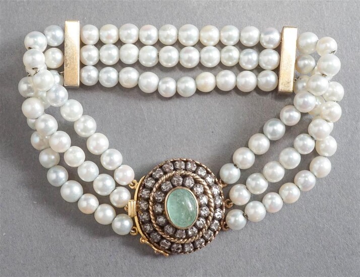 Yellow-Gold, Emerald, Diamond and Pearl Triple Strand Bracelet, L: 7-1/4 in