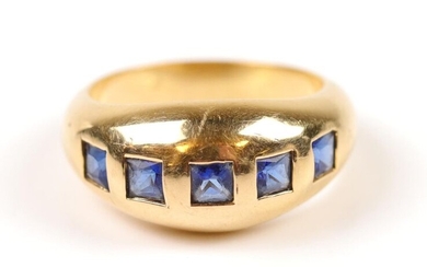 Yellow gold (750) ring set with princess cut imitation sapphire...