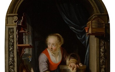 Young woman at a window with a bowl of apples, a cock pheasant, and a goldfinch feeder, Follower of Gerrit Dou