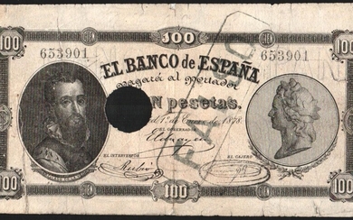 1 de enero de 1878. 100 pesetas. FALSO estampado en anverso. Muy interesante. Raro