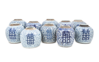 10 Chinese Blue and White Porcelain 'Double Happiness' Jars