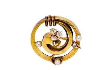 Antique 14kt Gold, Pearl, and Diamond Brooch