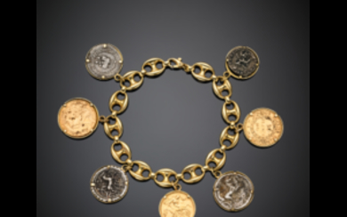 Yellow gold marine chain bracelet with coin charms, g...
