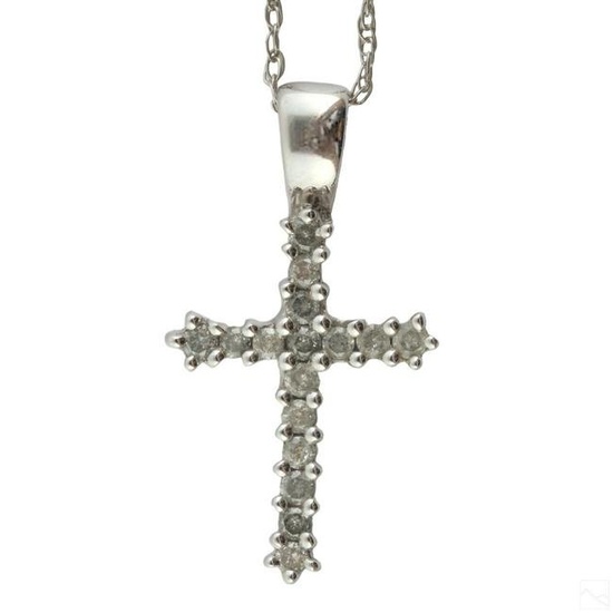 10K White Gold Diamond Cross Pendant and Necklace