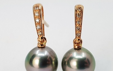 10x11mm Peacock Tahitian Pearl Drops - 14 kt. Pink gold - Earrings - 0.08 ct