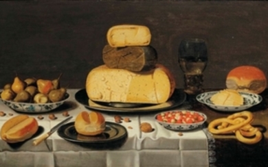 Studio of Floris van Schooten (c. 1585-after 1655 Haarlem), A breakfast piece with cheese, bread, fruit and a roemer, on a partially draped table