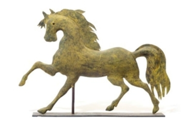 A SWELL-BODIED GILT COPPER PRANCING HORSE WEATHERVANE, ATTRIBUTED TO A.L. JEWELL & CO. (W. 1852-1867), WALTHAM, MASSACHUSETTS, CIRCA 1860