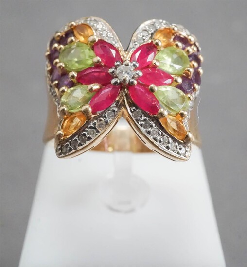 14-Karat Yellow-Gold, Multicolor Gem Set and Diamond 'Butterfly' Ring, 7.6 gross dwt, Size: 9
