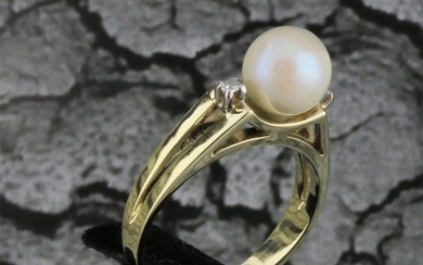 14 kt. Akoya pearl, Gold, Yellow gold - Ring, 585 Classic Gold Pearl & Diamond Solitaire RS 54 - Diamond, Diamonds