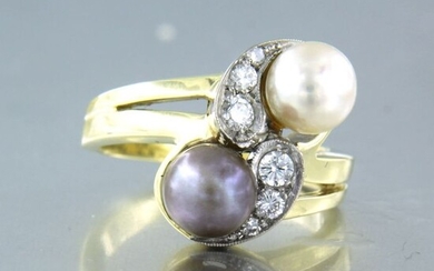 14 kt. Freshwater pearls, White gold, Yellow gold - Ring - 0.18 ct Diamond