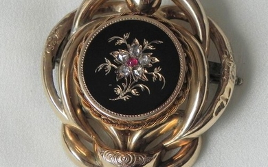 14 kt. Gold - Antique pendant onyx brooch with old cut diamonds and ruby