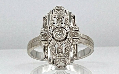 14 kt. White gold - Art Deco Style Ring with 0.14ct Diamonds - No Reserve Price!