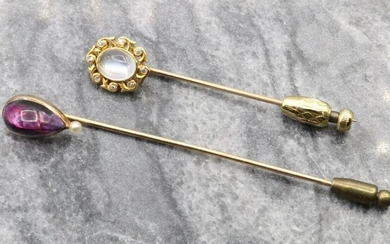 14KY Gold Moonstone, and Amethyst, Cabochon Stickpins