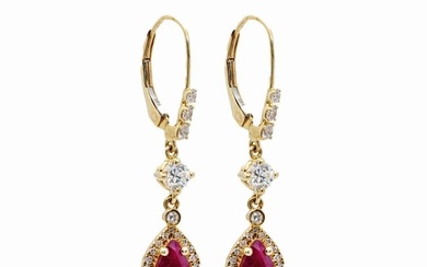 14k Gold Natural Ruby Diamond Dangle Drop Earrings