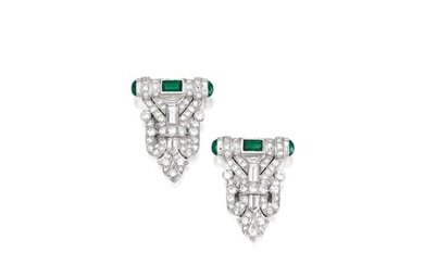 Pair of Diamond and Emerald Clip Brooches