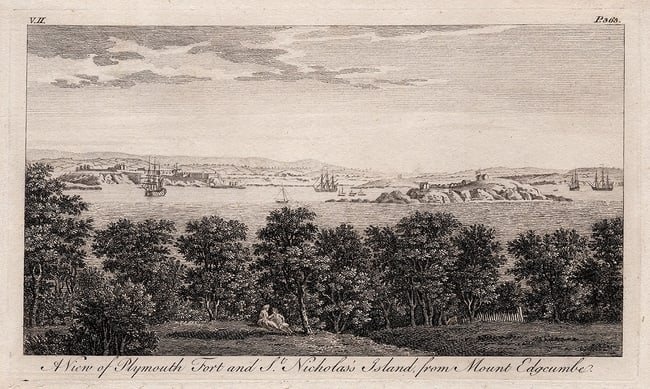 1700s GEORGE LAMBERT & SAMUEL SCOTT Engraving View From Mount Edgcumbe FRAMED
