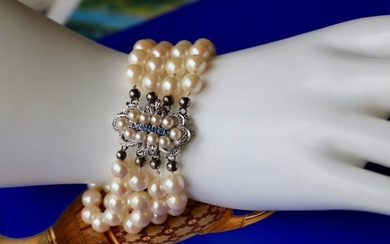 18 kt. White gold - Exquisite 4-strand bracelet genuine sea/salty Japanese Akoya pearls ca. 7.0-7.2mm. - Sapphires