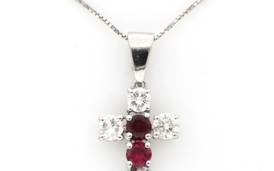 18 kt. White gold - Necklace with pendant - 0.28 ct Diamonds - Rubies